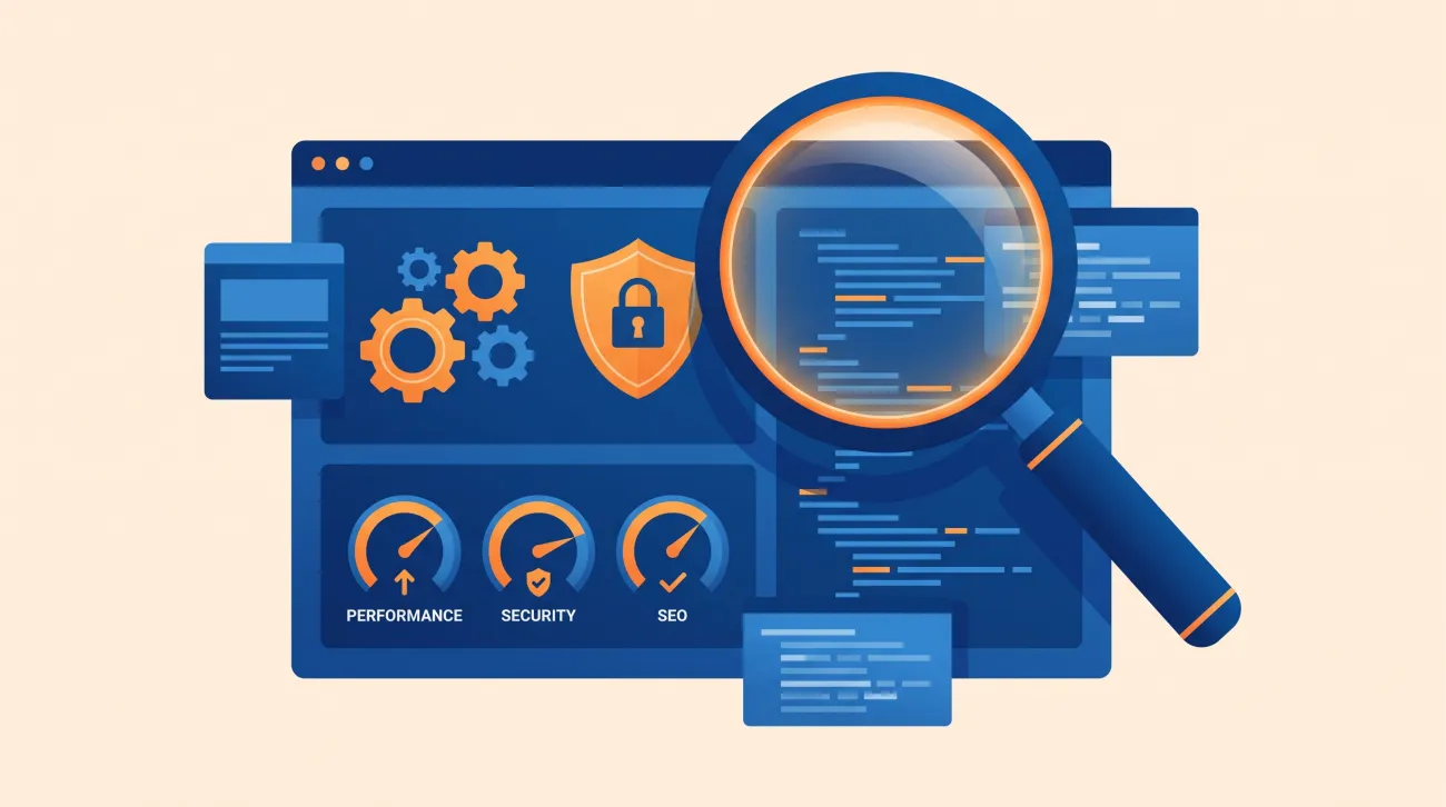 Illustration d'un audit Drupal : loupe examinant un tableau de bord web avec engrenages, bouclier de sécurité et indicateurs de performance